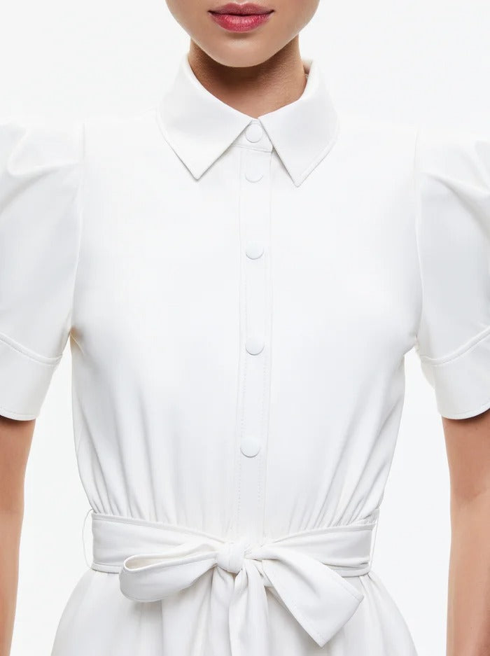 Lurlene Short Sleeve Vegan Leather Mini Dress in Off White