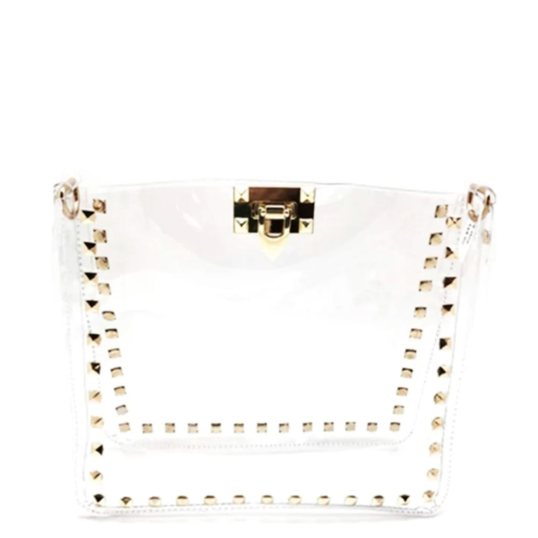 The Maxwell Handbag in Clear/Gold with Black/Brown Strap