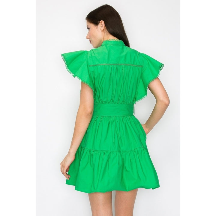 Cotton Flutter Sleeves Tiered Skirt with Belt Mini Dress  in Green