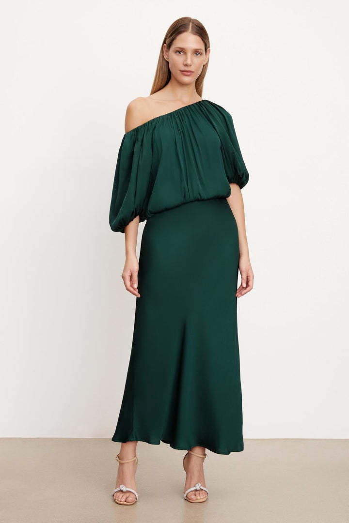 Cadence Satin Maxi Skirt in Emerald