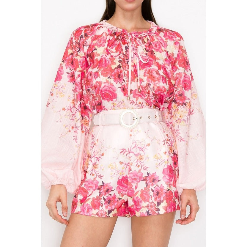 Belted Shorts in Pink Floral Print