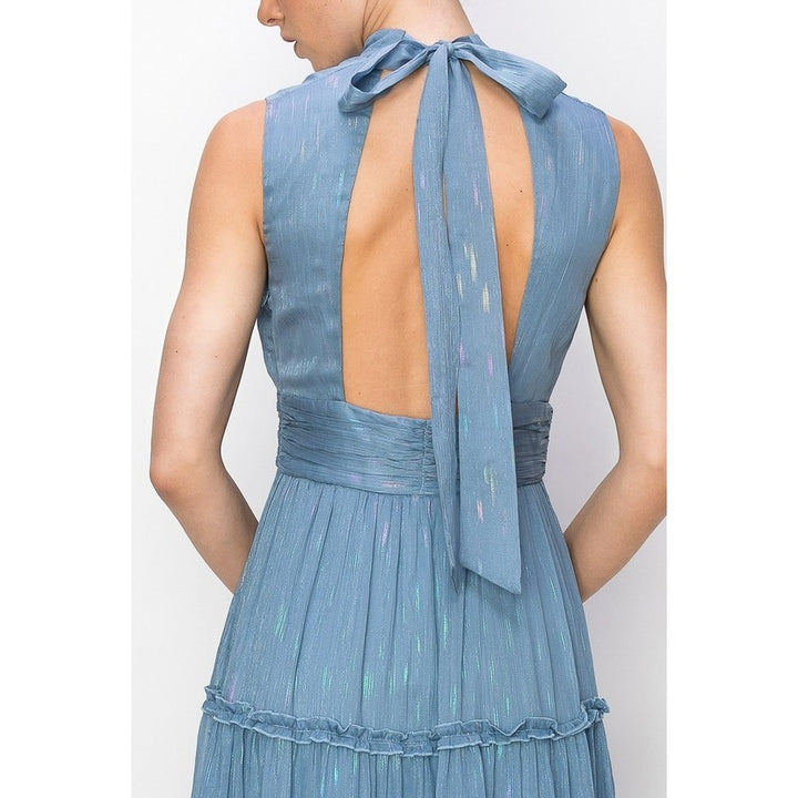 Tiered Halter Sleeveless Metallic Maxi Dress in Blue
