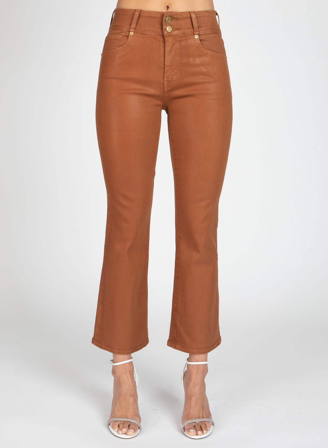 Crosby High Rise Crop Flare in Coated Cognac