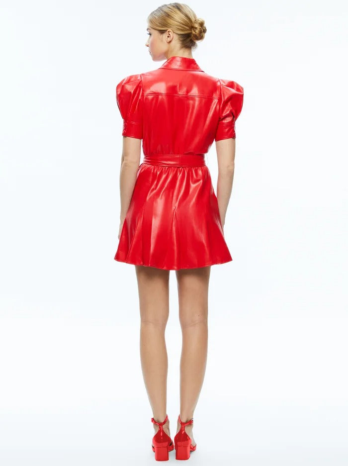 Lurlene Short Sleeve Vegan Leather Mini Dress in Bright Ruby