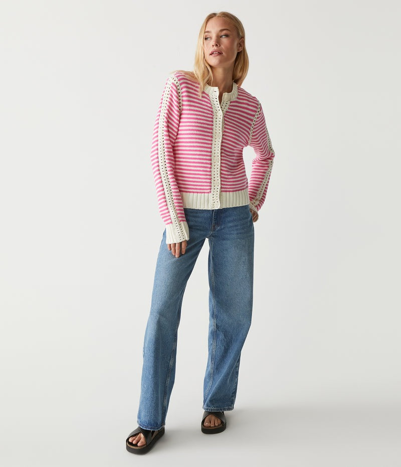 Adaline Button Front Cardigan in Pink/White Stripe