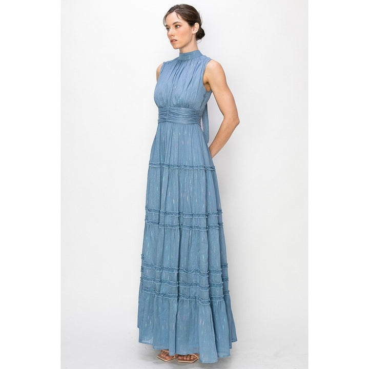Tiered Halter Sleeveless Metallic Maxi Dress in Blue