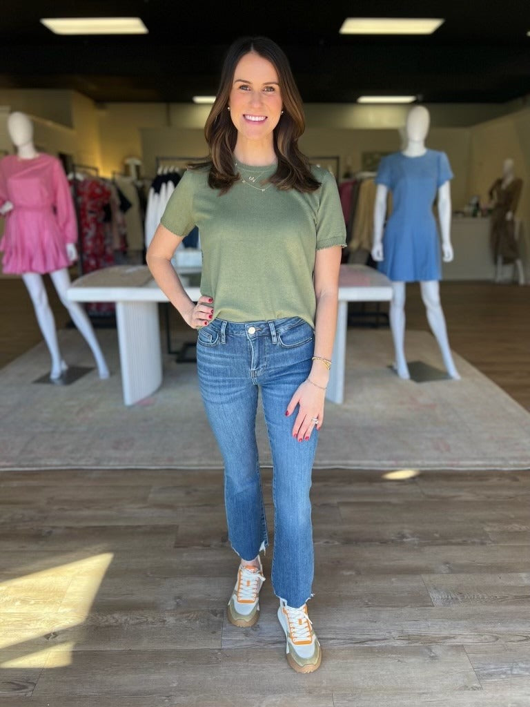 Cotton Cashmere Boxy Frayed Tee in Green