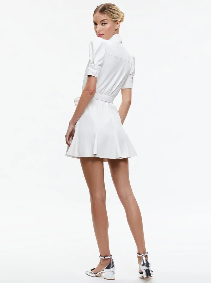 Lurlene Short Sleeve Vegan Leather Mini Dress in Off White