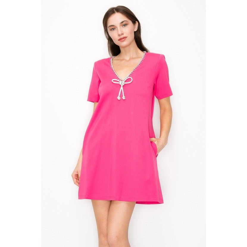 Crystal Bow and Crystal Trim V Neck Short Sleeve Mini Dress in Pink