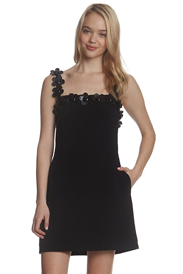 Flower Applique Sleeveless Mini Dress in Black