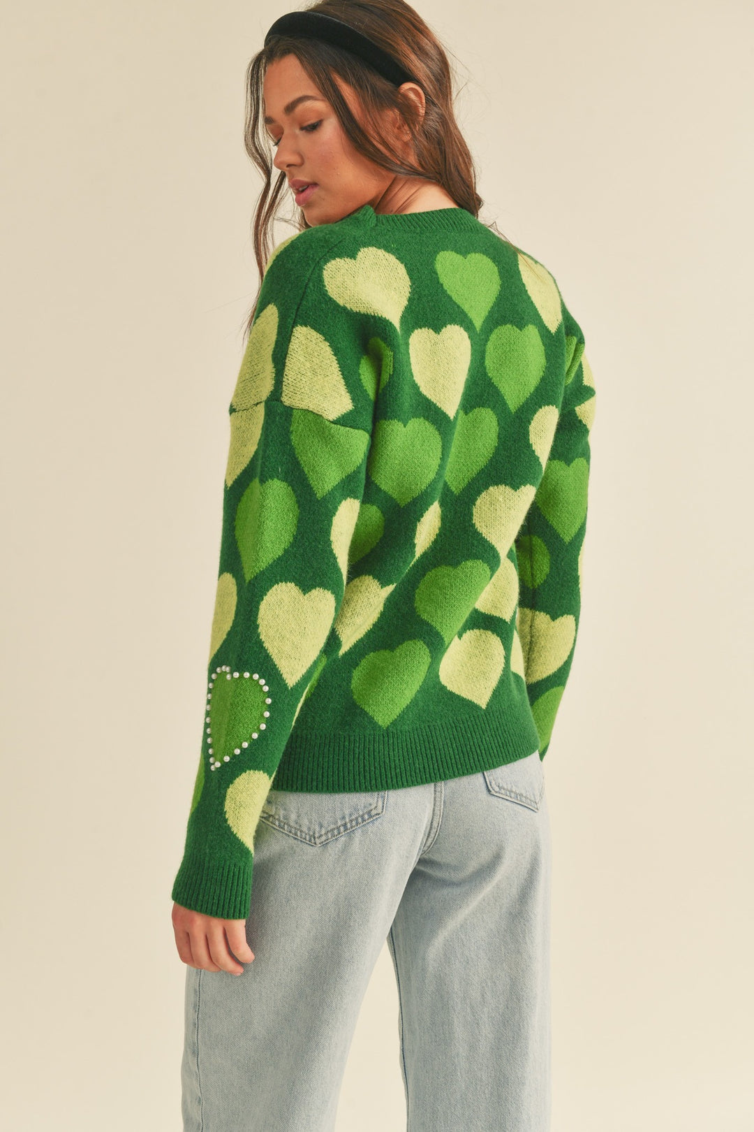 PEARL EMBELLISHED HEART SWEATER in Green