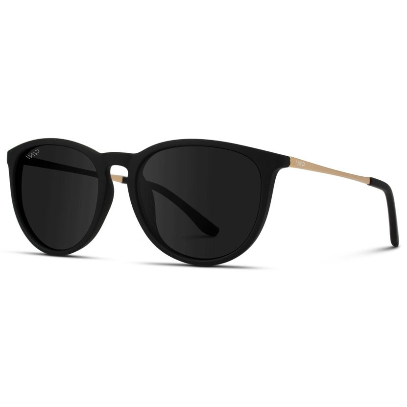 Drew Round Polarized Metal Temple Sunglasses in Black Frame/Black Lens