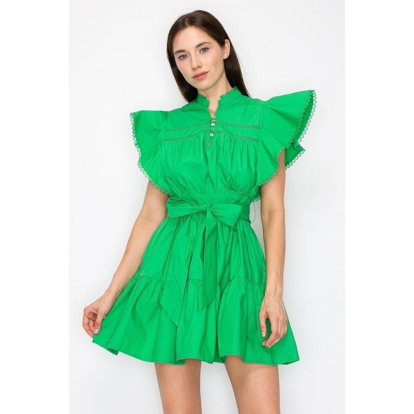 Cotton Flutter Sleeves Tiered Skirt with Belt Mini Dress  in Green