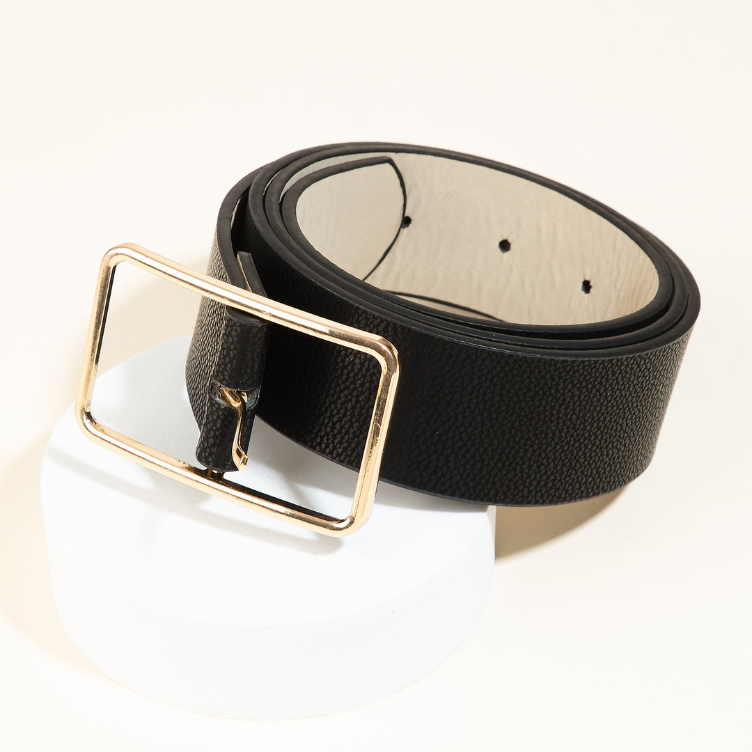 Faux Leather Belt with Rectangle Cutout Buckle in Black